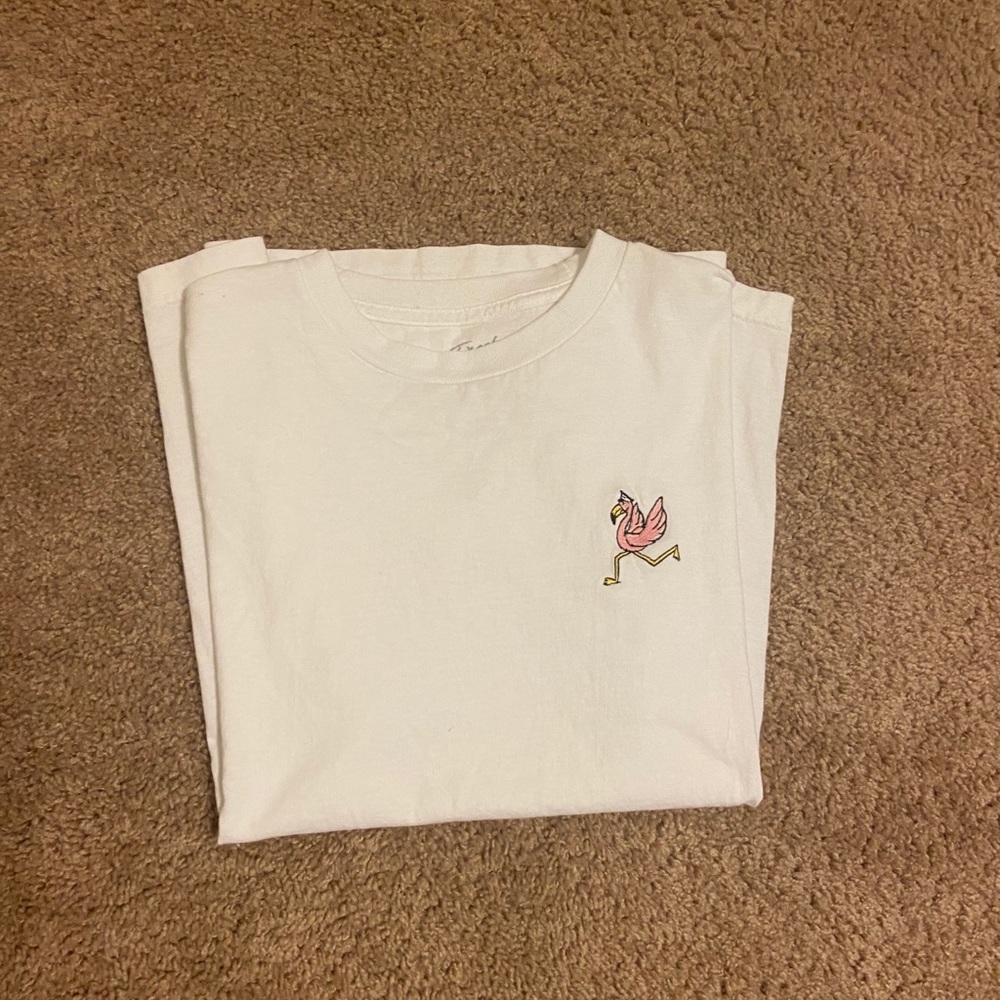 White T-shirt with flamingo logo on front